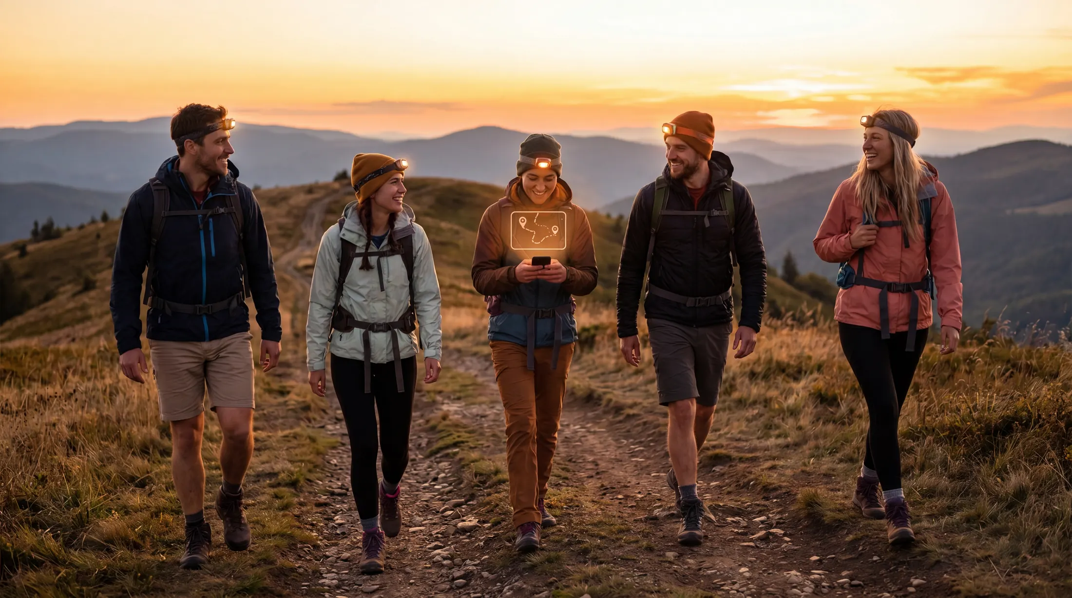 A group of hikers walking together on a ridge at sunset.