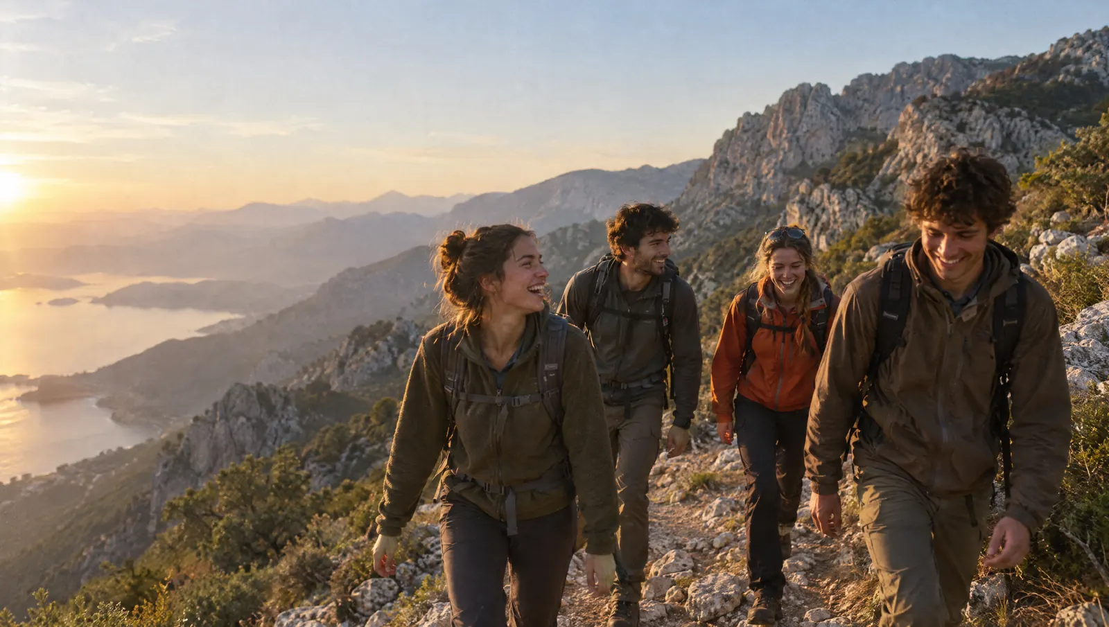 Three friends hiking up a rocky mountain path above the sea at sunset.